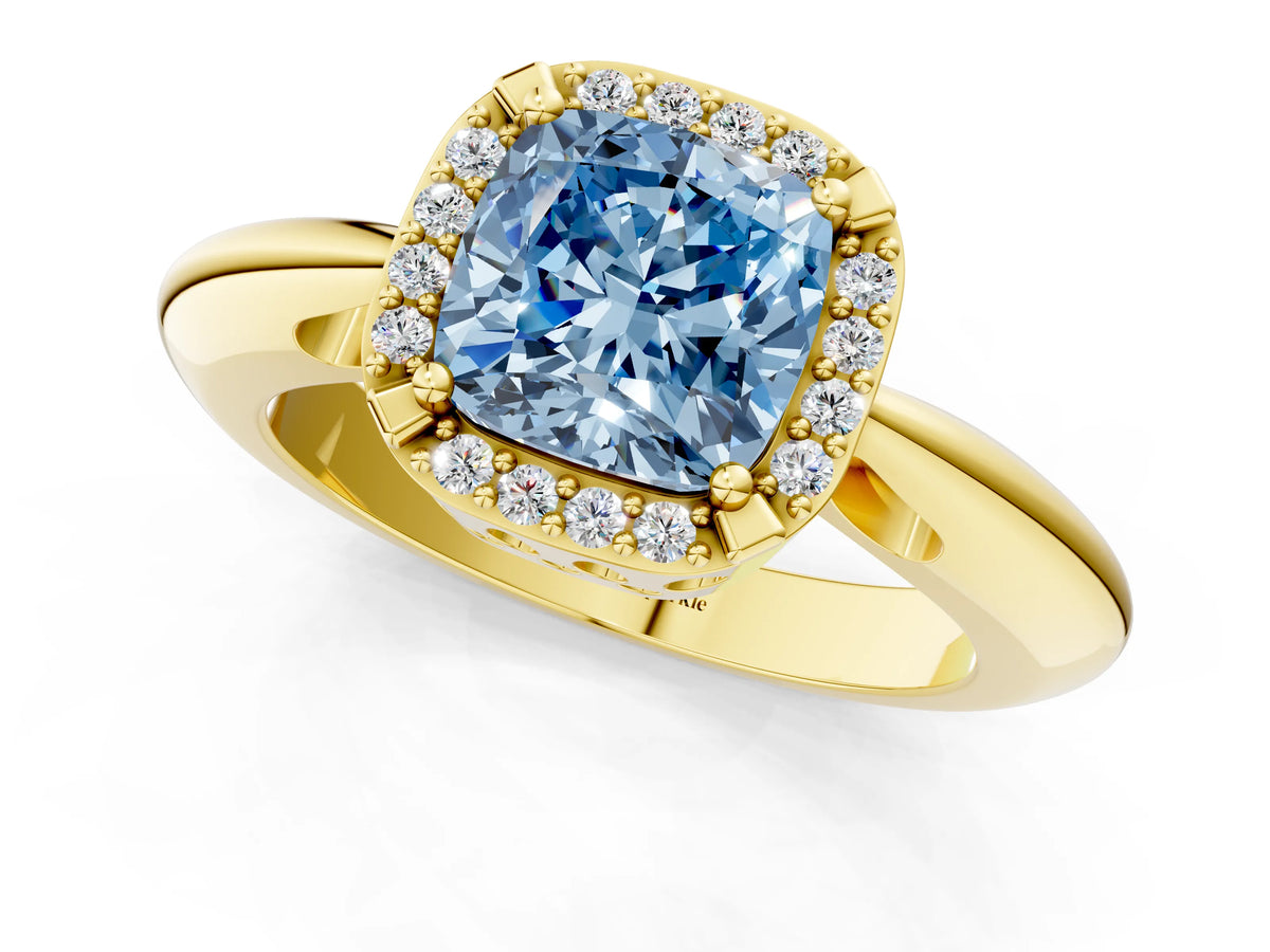 Fancy Blue Cushion Cut Diamond Halo Engagement Ring in Yellow gold with Plain Split Shank and Prong Setting_1