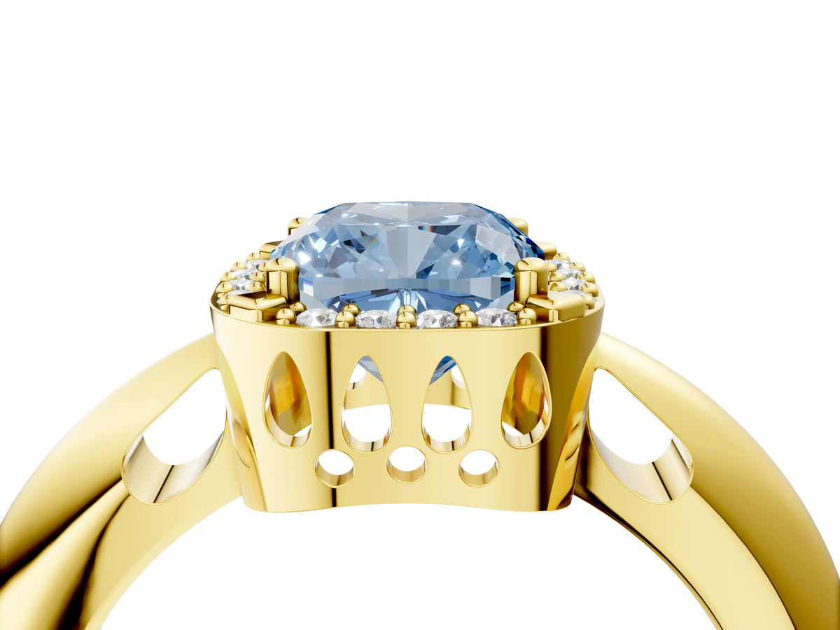 Fancy Blue Cushion Cut Diamond Halo Engagement Ring in Yellow gold with Plain Split Shank and Prong Setting_4