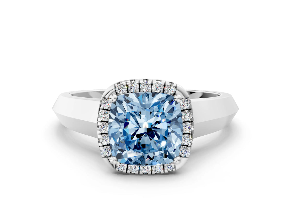 Fancy Blue Cushion Cut Diamond Halo Ring in Platinum with Cathedral Band and Prong Setting_12