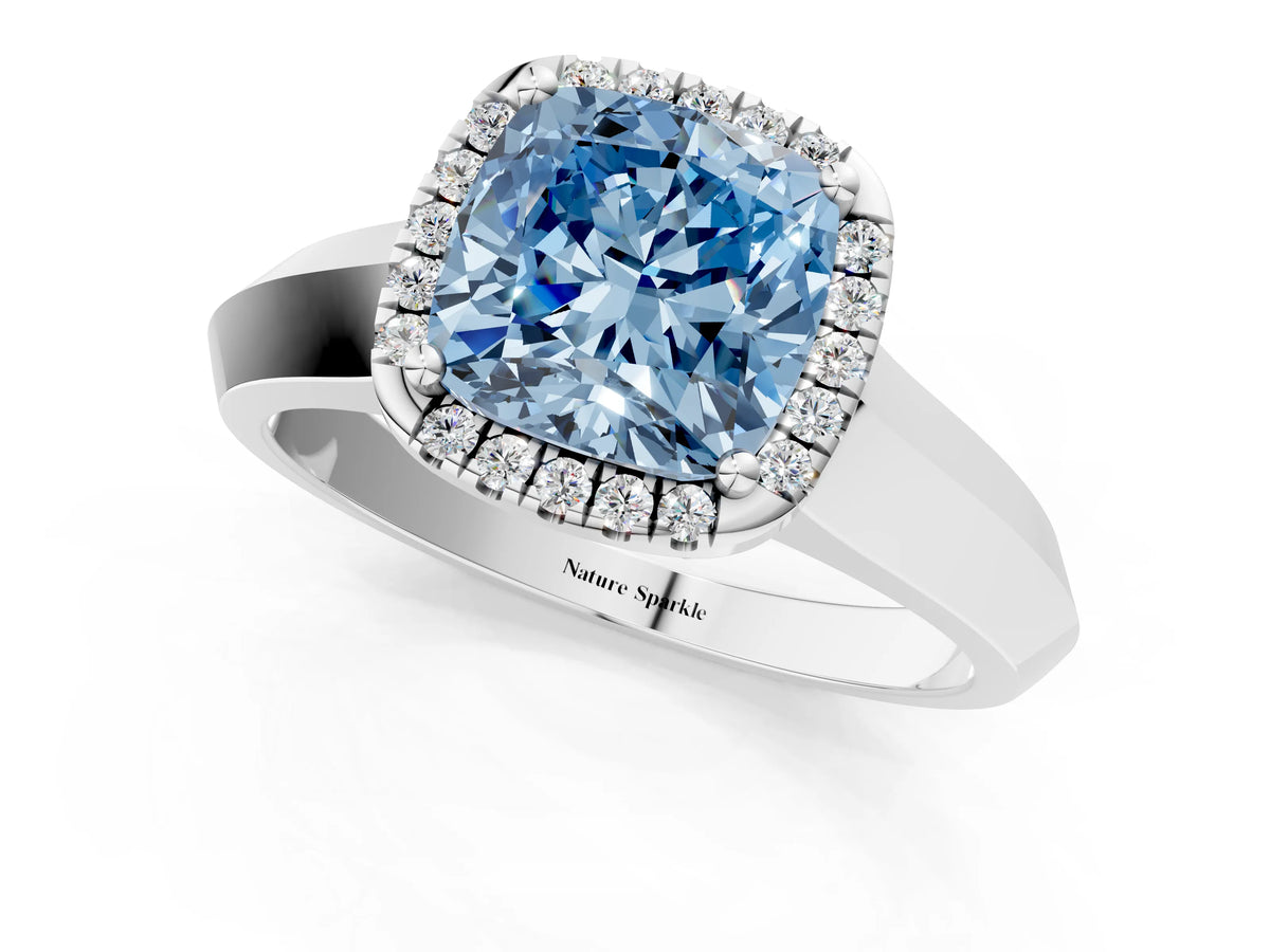 Fancy Blue Cushion Cut Diamond Halo Ring in Platinum with Cathedral Band and Prong Setting_13