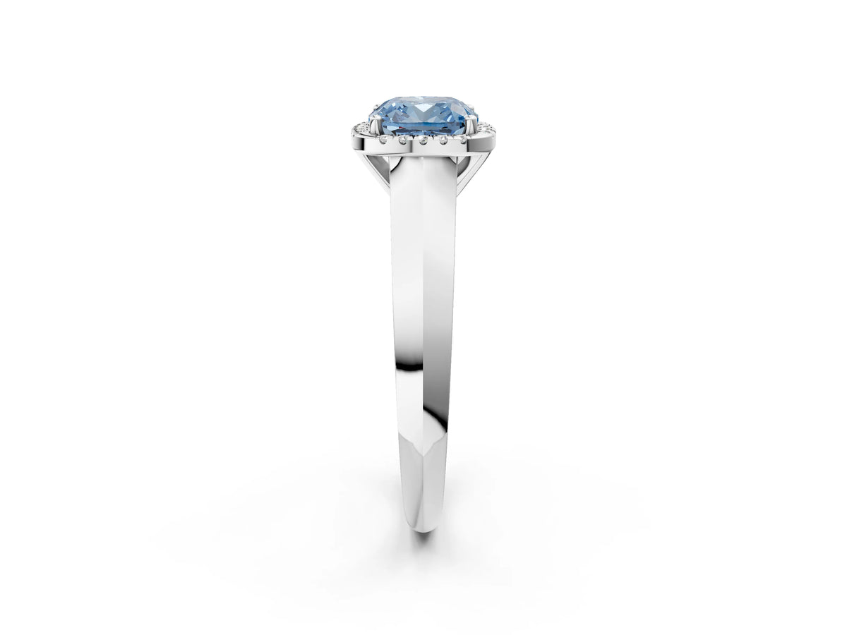 Fancy Blue Cushion Cut Diamond Halo Ring in Platinum with Cathedral Band and Prong Setting_14