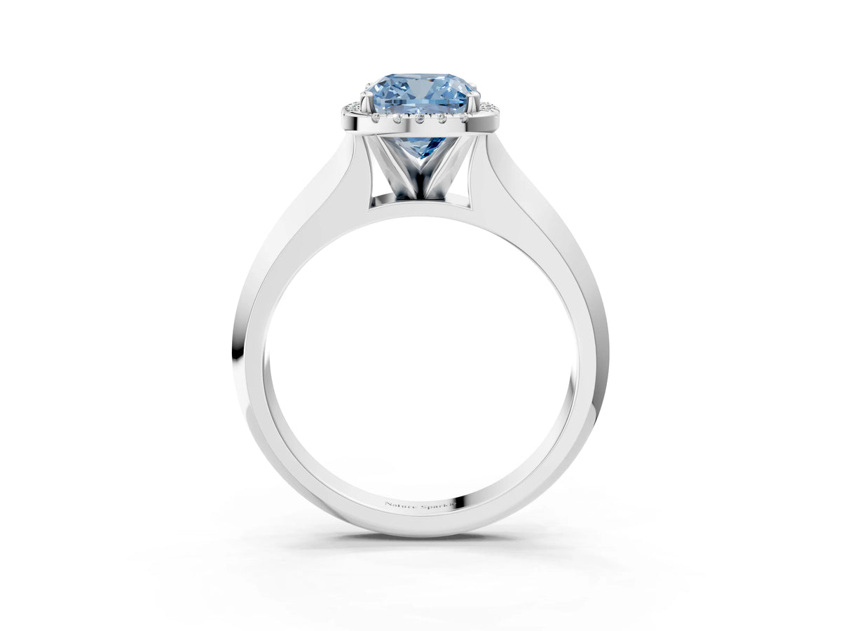 Fancy Blue Cushion Cut Diamond Halo Ring in Platinum with Cathedral Band and Prong Setting_15