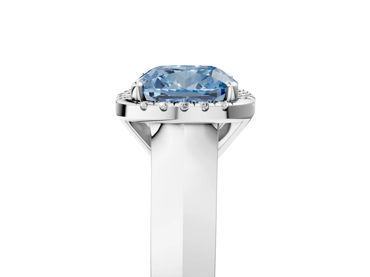 Fancy Blue Cushion Cut Diamond Halo Ring in Platinum with Cathedral Band and Prong Setting_17