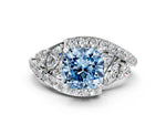 Fancy Blue Cushion Cut Diamond Halo Ring in Platinum with Marquise and Pavé Band in Prong Setting_12