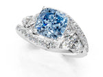 Fancy Blue Cushion Cut Diamond Halo Ring in Platinum with Marquise and Pavé Band in Prong Setting_13