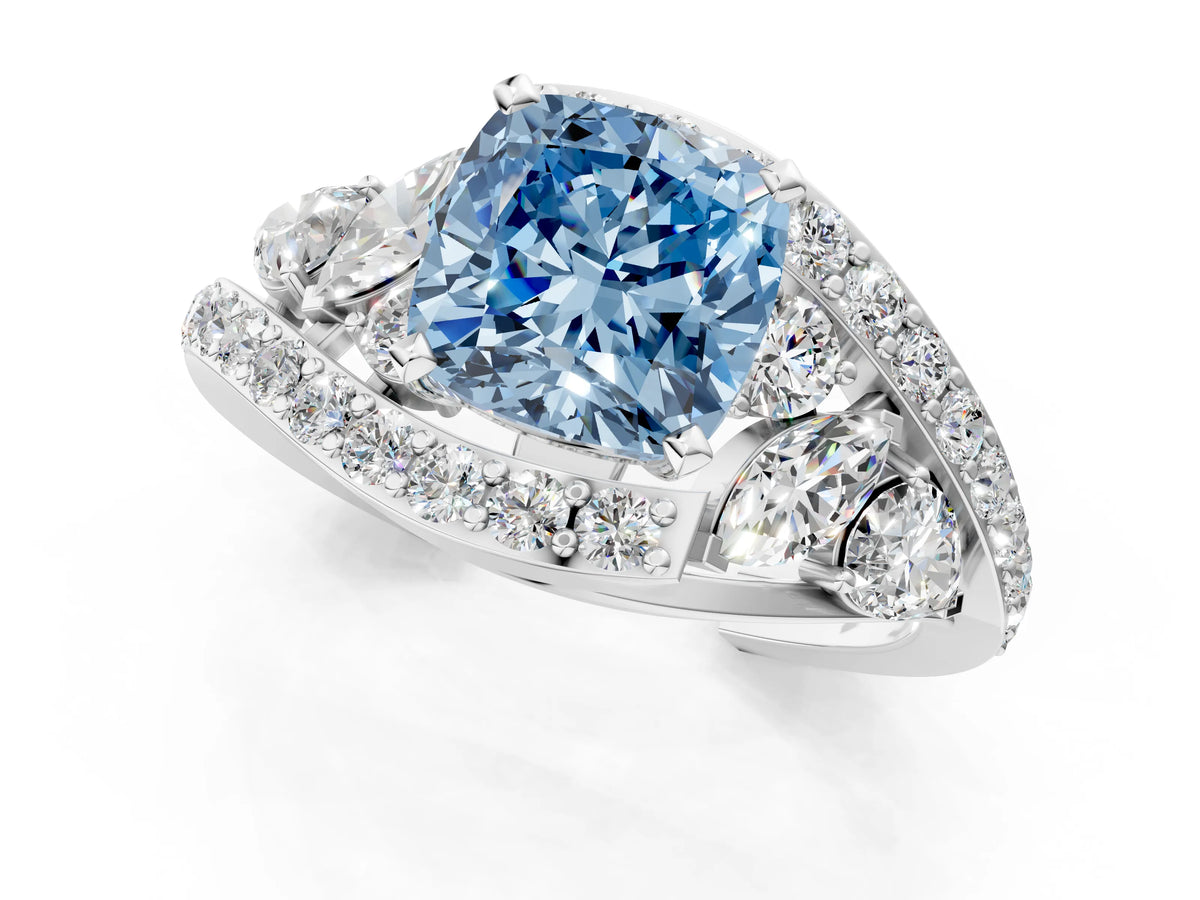 Fancy Blue Cushion Cut Diamond Halo Ring in Platinum with Marquise and Pavé Band in Prong Setting_13