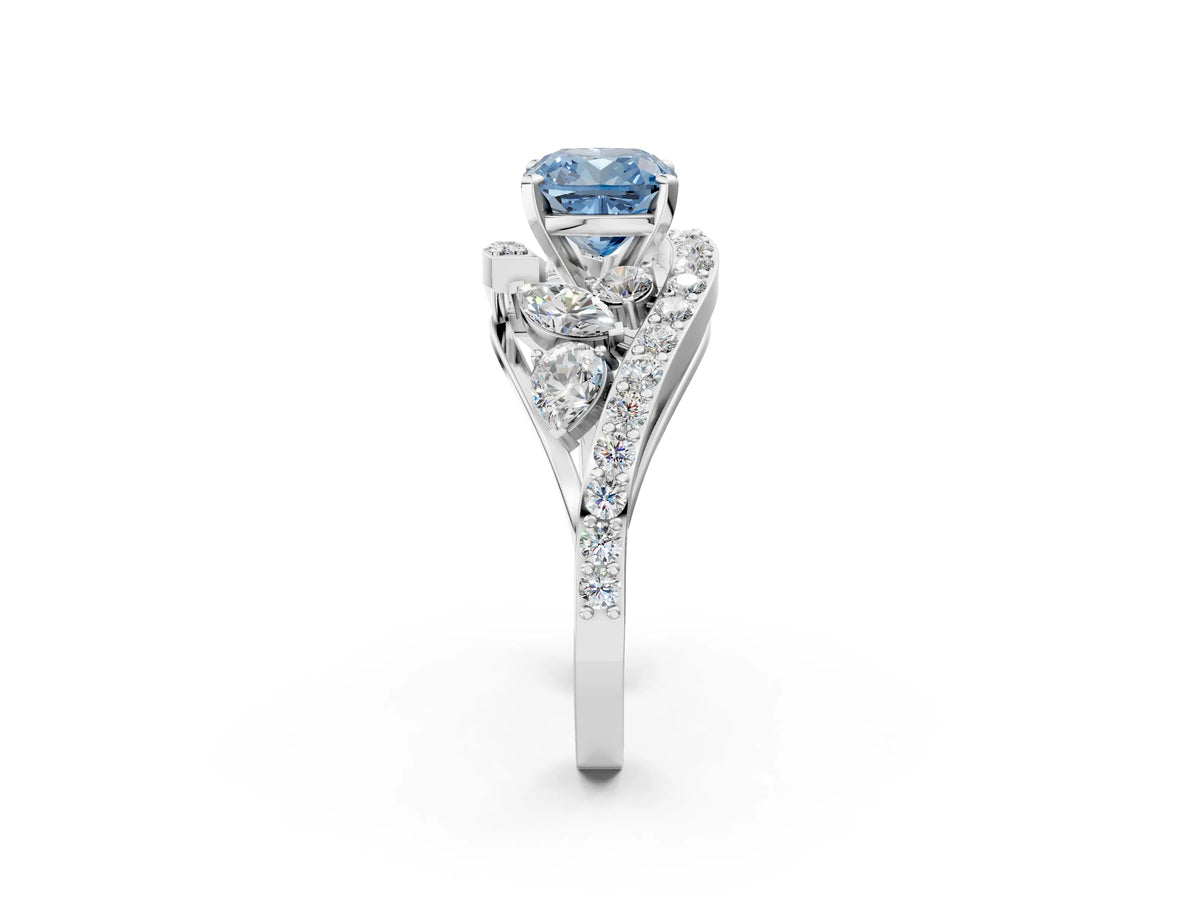 Fancy Blue Cushion Cut Diamond Halo Ring in Platinum with Marquise and Pavé Band in Prong Setting_14
