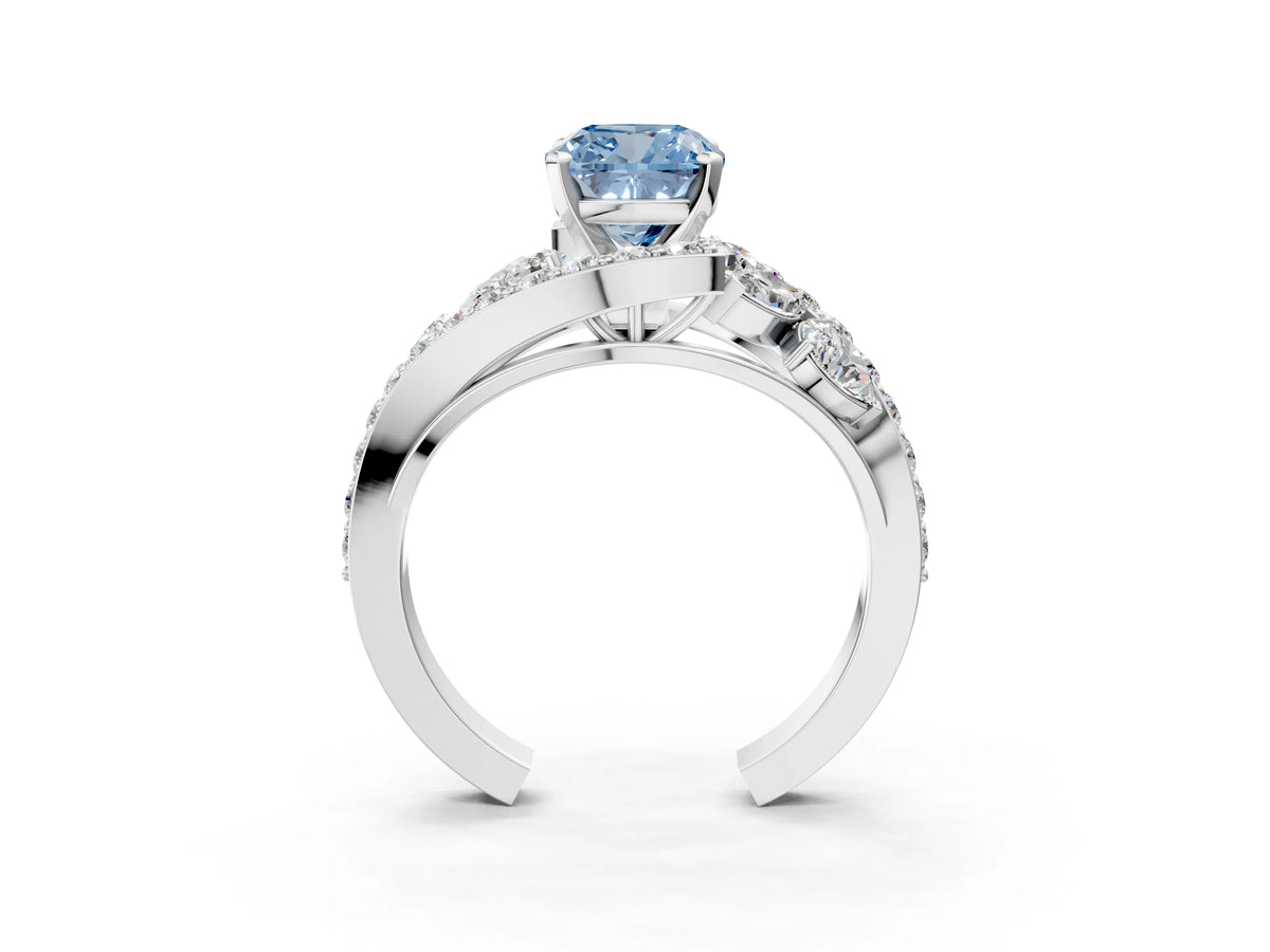 Fancy Blue Cushion Cut Diamond Halo Ring in Platinum with Marquise and Pavé Band in Prong Setting_15