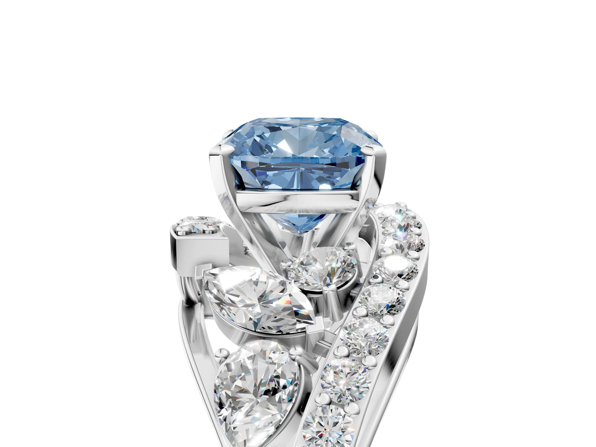 Fancy Blue Cushion Cut Diamond Halo Ring in Platinum with Marquise and Pavé Band in Prong Setting_17
