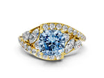 Fancy Blue Cushion Cut Diamond Halo Ring in Yellow gold with Marquise and Pavé Band in Prong Setting
