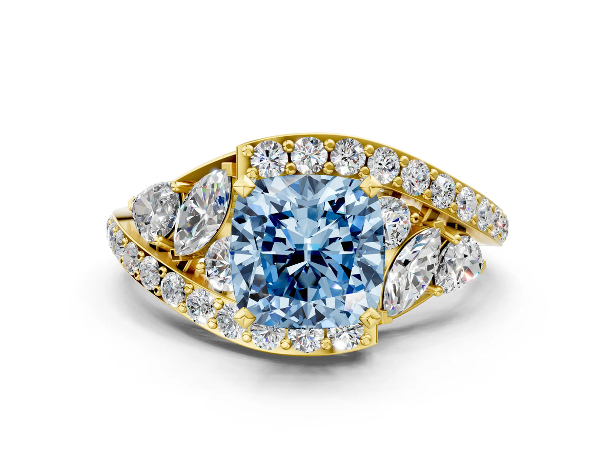 Fancy Blue Cushion Cut Diamond Halo Ring in Yellow gold with Marquise and Pavé Band in Prong Setting