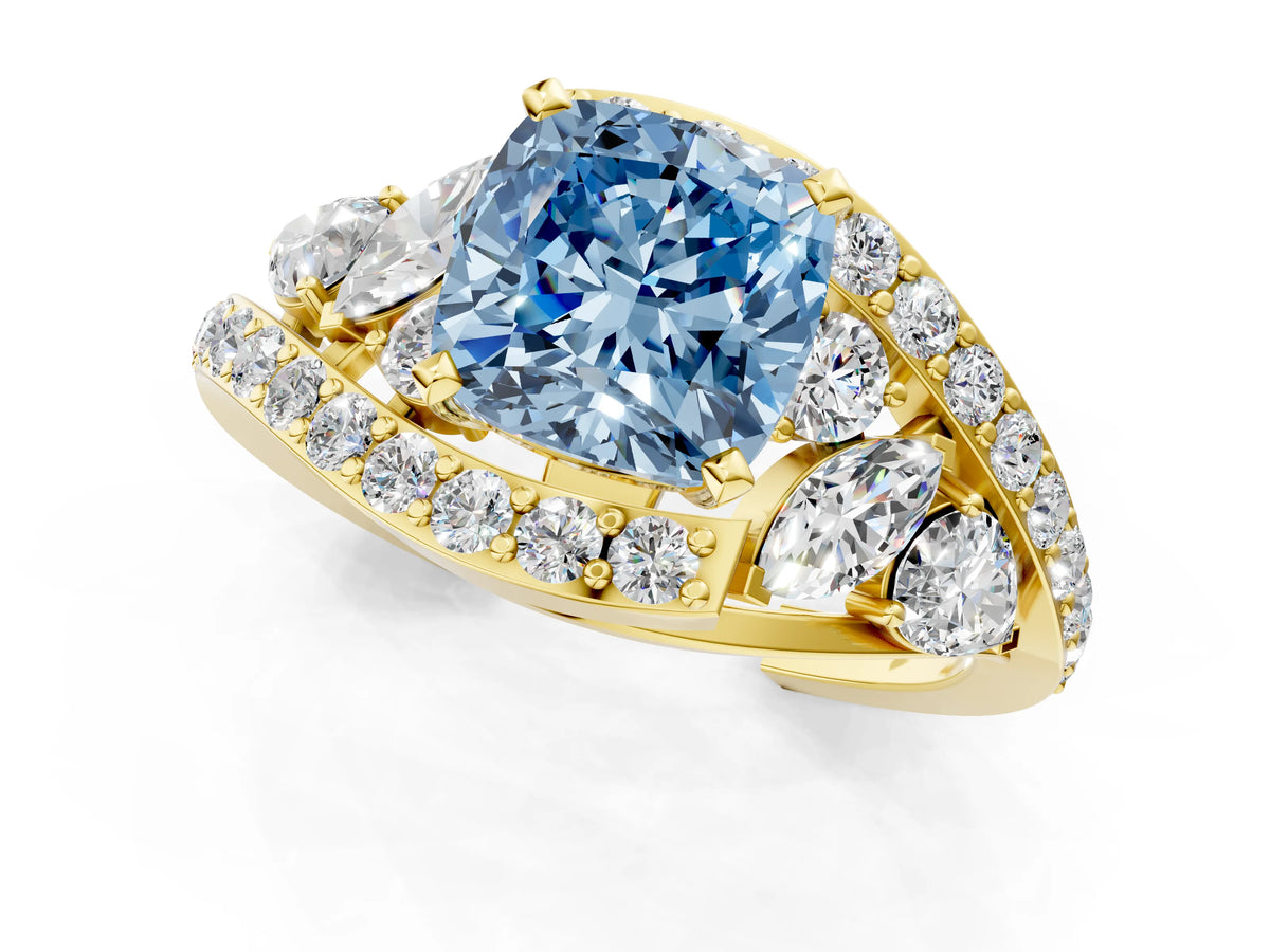 Fancy Blue Cushion Cut Diamond Halo Ring in Yellow gold with Marquise and Pavé Band in Prong Setting_1