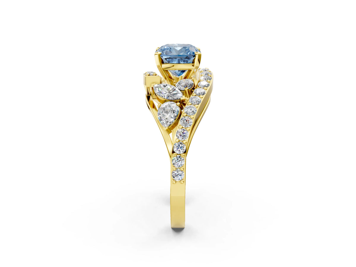 Fancy Blue Cushion Cut Diamond Halo Ring in Yellow gold with Marquise and Pavé Band in Prong Setting_2