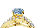 Fancy Blue Cushion Cut Diamond Halo Ring in Yellow gold with Marquise and Pavé Band in Prong Setting_4