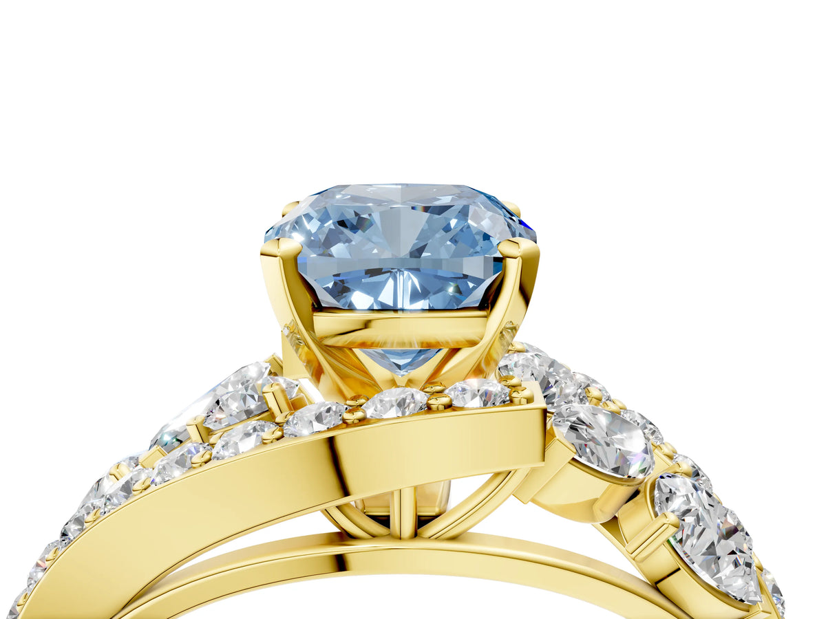 Fancy Blue Cushion Cut Diamond Halo Ring in Yellow gold with Marquise and Pavé Band in Prong Setting_4