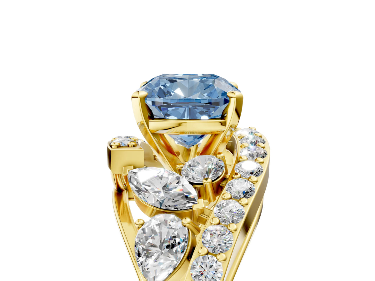 Fancy Blue Cushion Cut Diamond Halo Ring in Yellow gold with Marquise and Pavé Band in Prong Setting_5