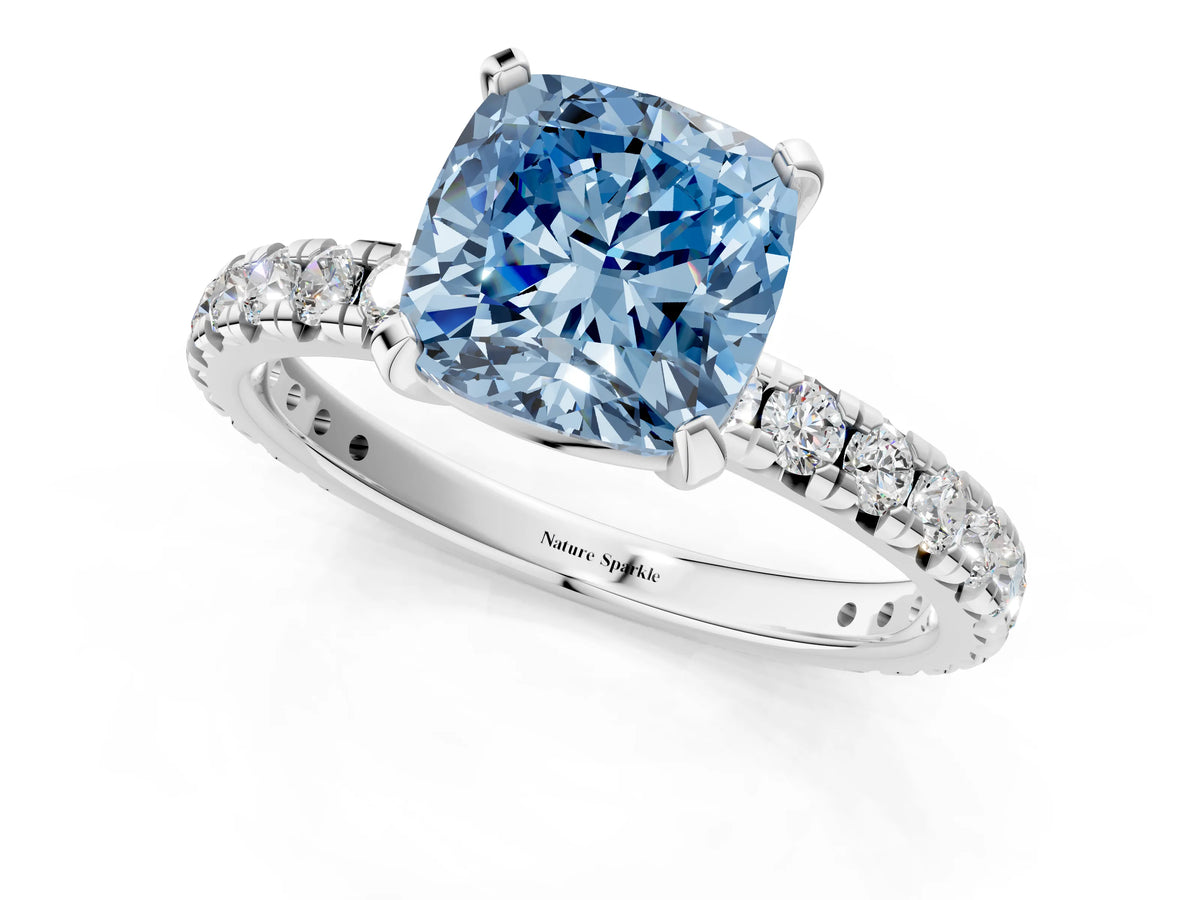 Fancy Blue Cushion Cut Diamond Pavé Solitaire Ring in White gold with Round Pavé Band and Prong Setting_1