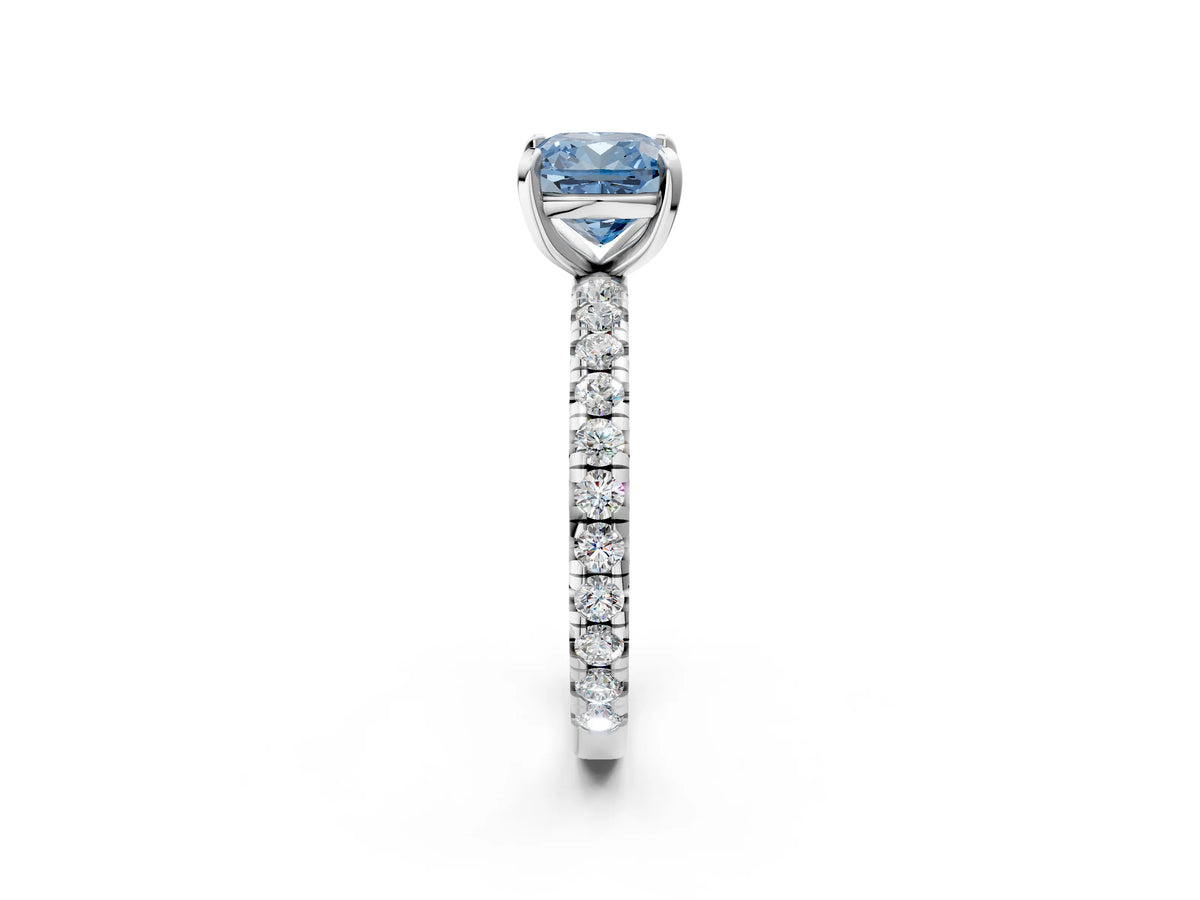 Fancy Blue Cushion Cut Diamond Pavé Solitaire Ring in White gold with Round Pavé Band and Prong Setting_2