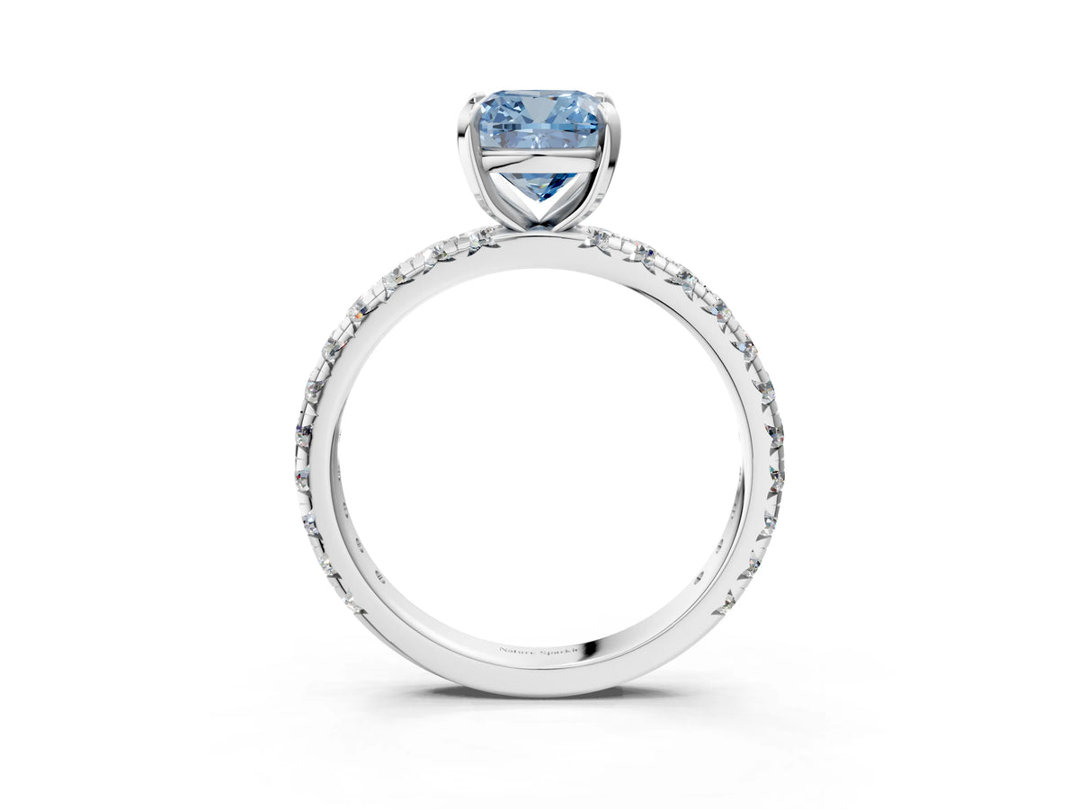 Fancy Blue Cushion Cut Diamond Pavé Solitaire Ring in White gold with Round Pavé Band and Prong Setting_3