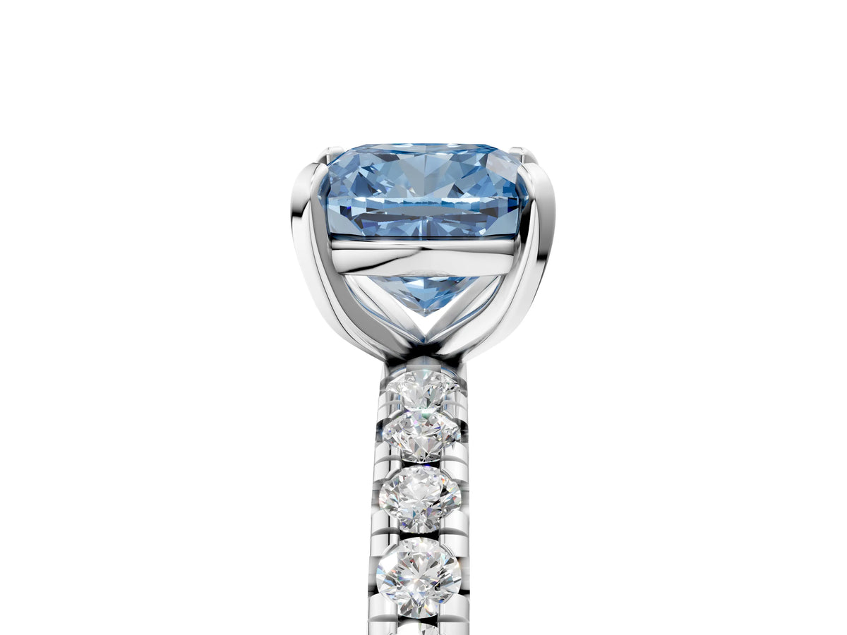 Fancy Blue Cushion Cut Diamond Pavé Solitaire Ring in White gold with Round Pavé Band and Prong Setting_5