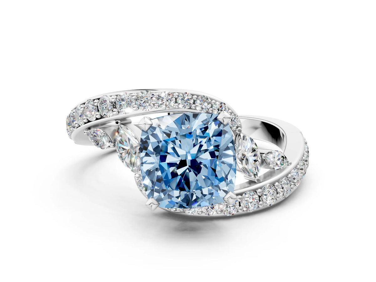 Fancy Blue Cushion Cut Diamond Solitaire Ring in Platinum with Pavé Twist Band and Prong Setting_6