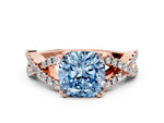 Fancy Blue Cushion Cut Diamond Solitaire Ring in Rose gold with Interwoven Pavé Band and Prong Setting