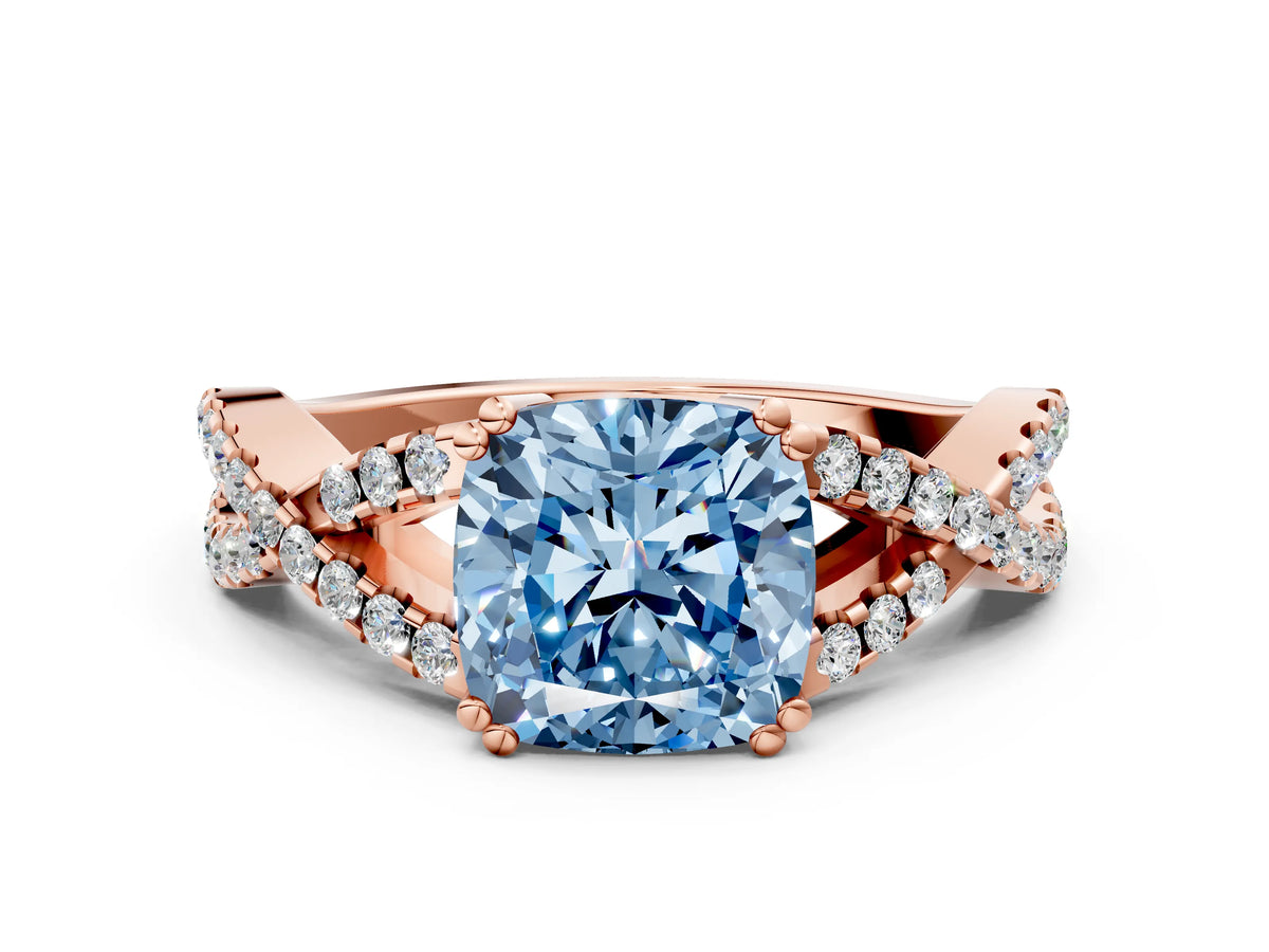 Fancy Blue Cushion Cut Diamond Solitaire Ring in Rose gold with Interwoven Pavé Band and Prong Setting