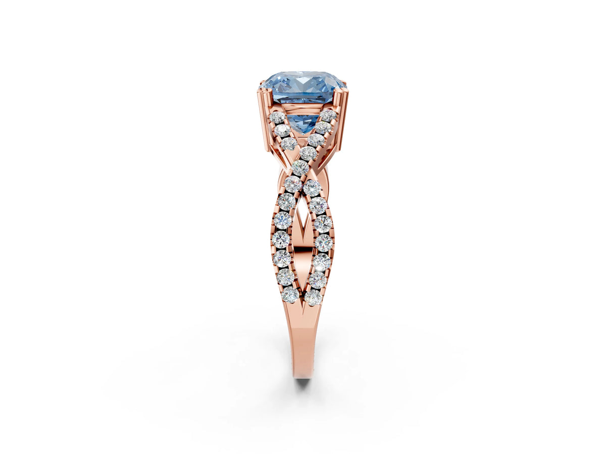 Fancy Blue Cushion Cut Diamond Solitaire Ring in Rose gold with Interwoven Pavé Band and Prong Setting_2