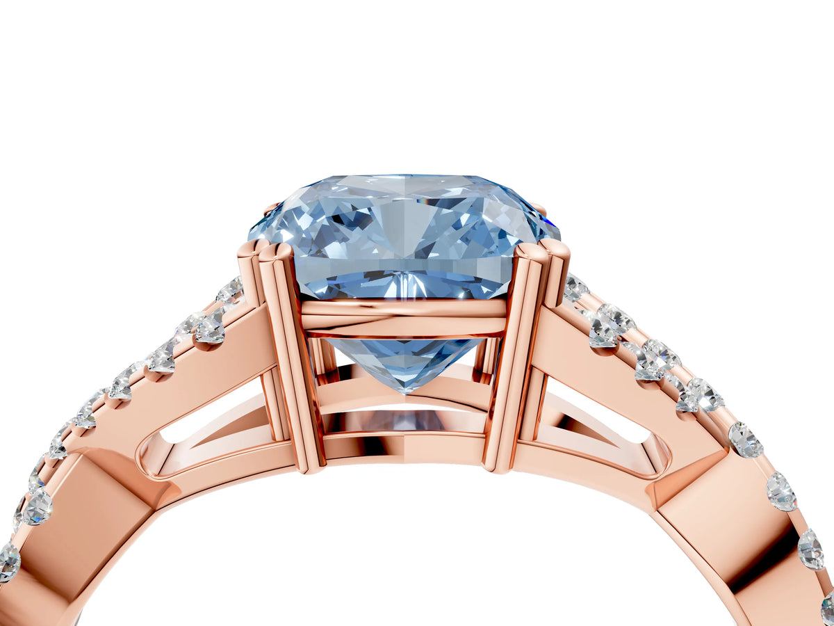 Fancy Blue Cushion Cut Diamond Solitaire Ring in Rose gold with Interwoven Pavé Band and Prong Setting_4