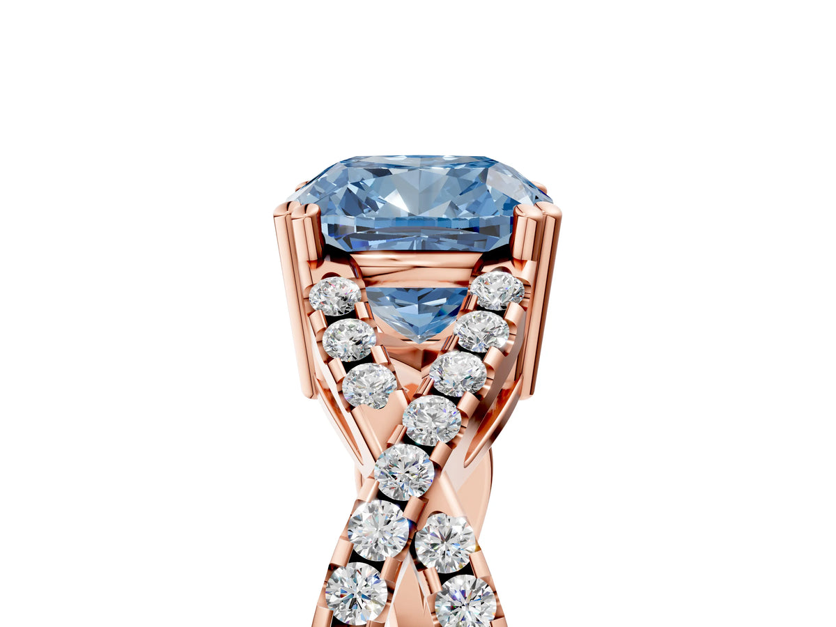 Fancy Blue Cushion Cut Diamond Solitaire Ring in Rose gold with Interwoven Pavé Band and Prong Setting_5