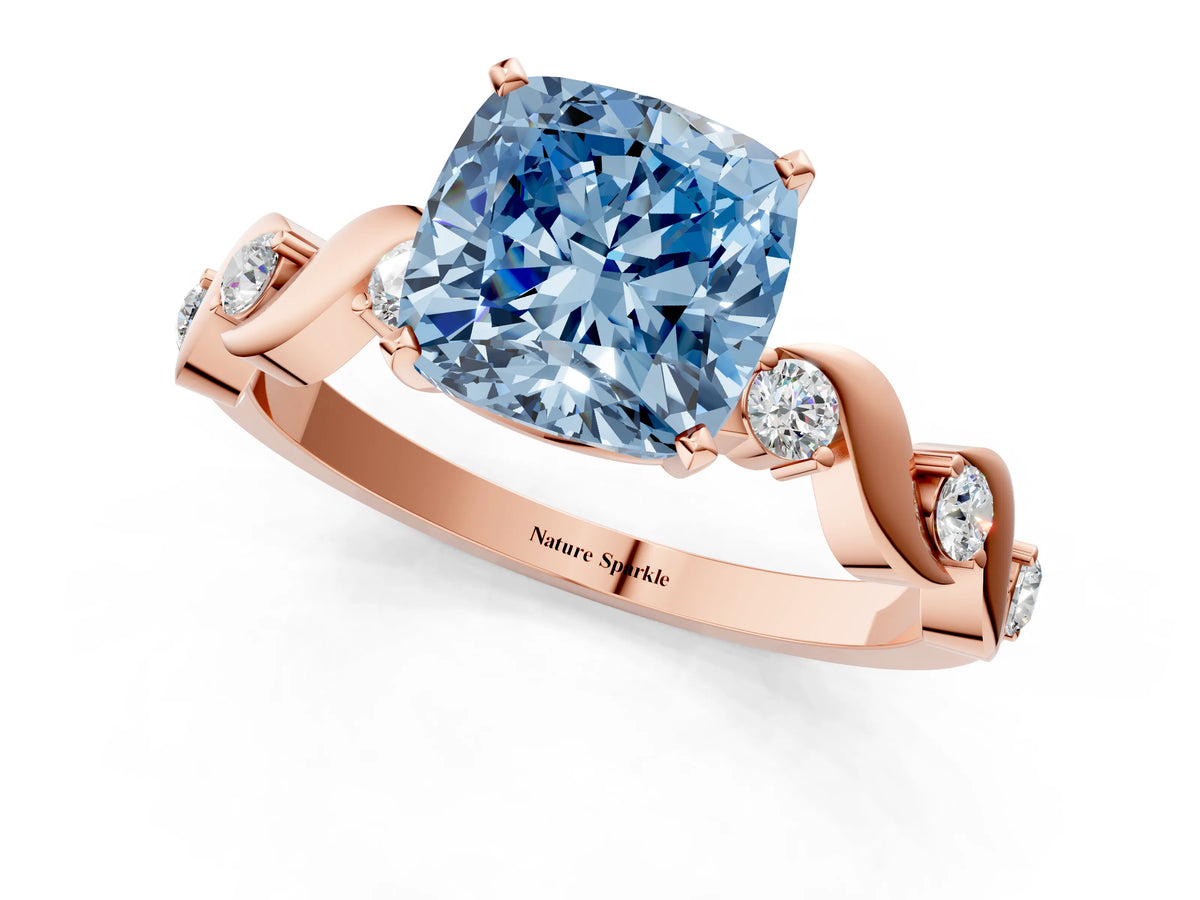 Fancy Blue Cushion Cut Diamond Solitaire Ring in Rose gold with Twisted Ribbon Band and Round Accents_1