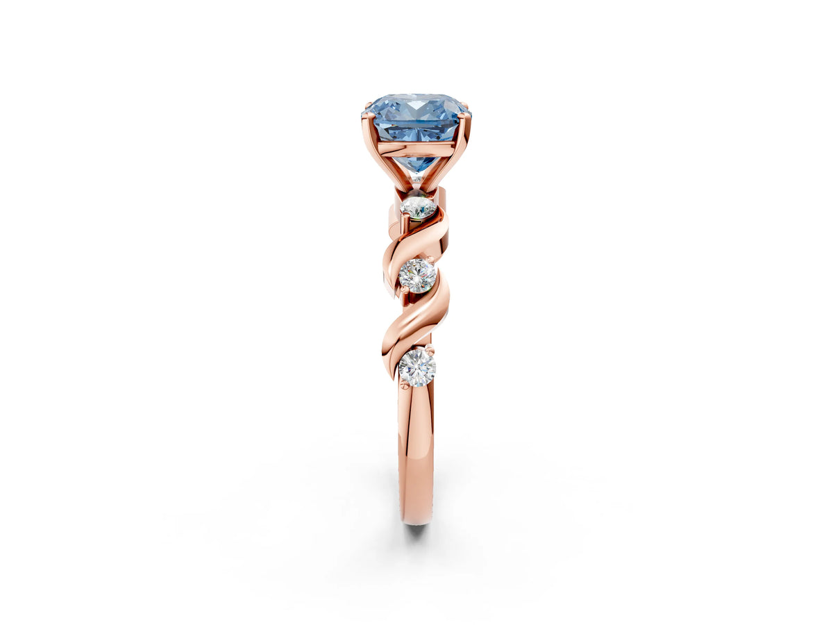 Fancy Blue Cushion Cut Diamond Solitaire Ring in Rose gold with Twisted Ribbon Band and Round Accents_2