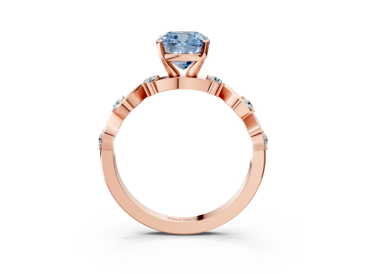 Fancy Blue Cushion Cut Diamond Solitaire Ring in Rose gold with Twisted Ribbon Band and Round Accents_3