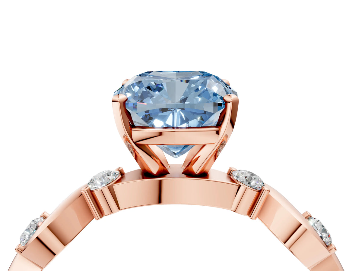 Fancy Blue Cushion Cut Diamond Solitaire Ring in Rose gold with Twisted Ribbon Band and Round Accents_4