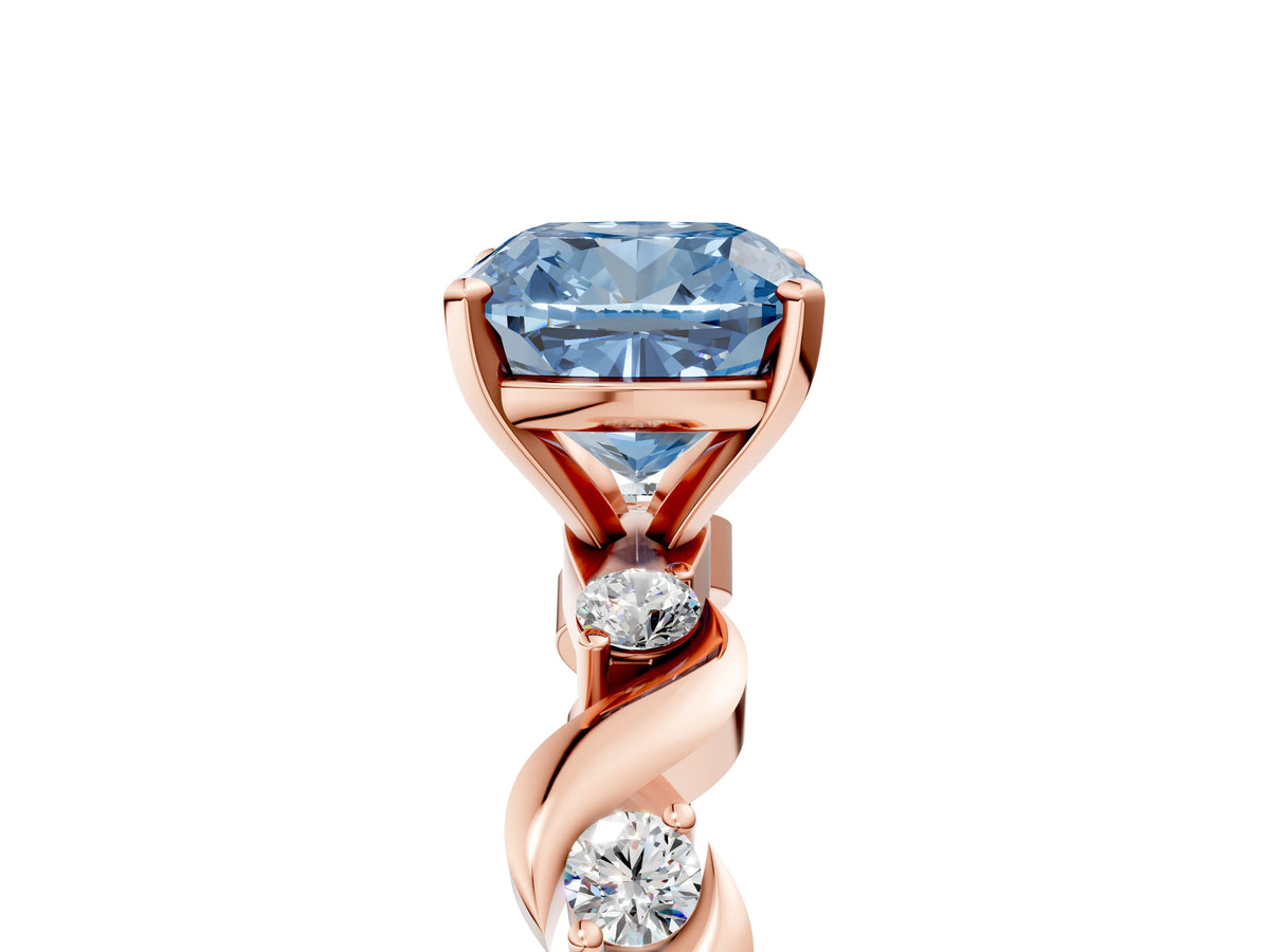 Fancy Blue Cushion Cut Diamond Solitaire Ring in Rose gold with Twisted Ribbon Band and Round Accents_5