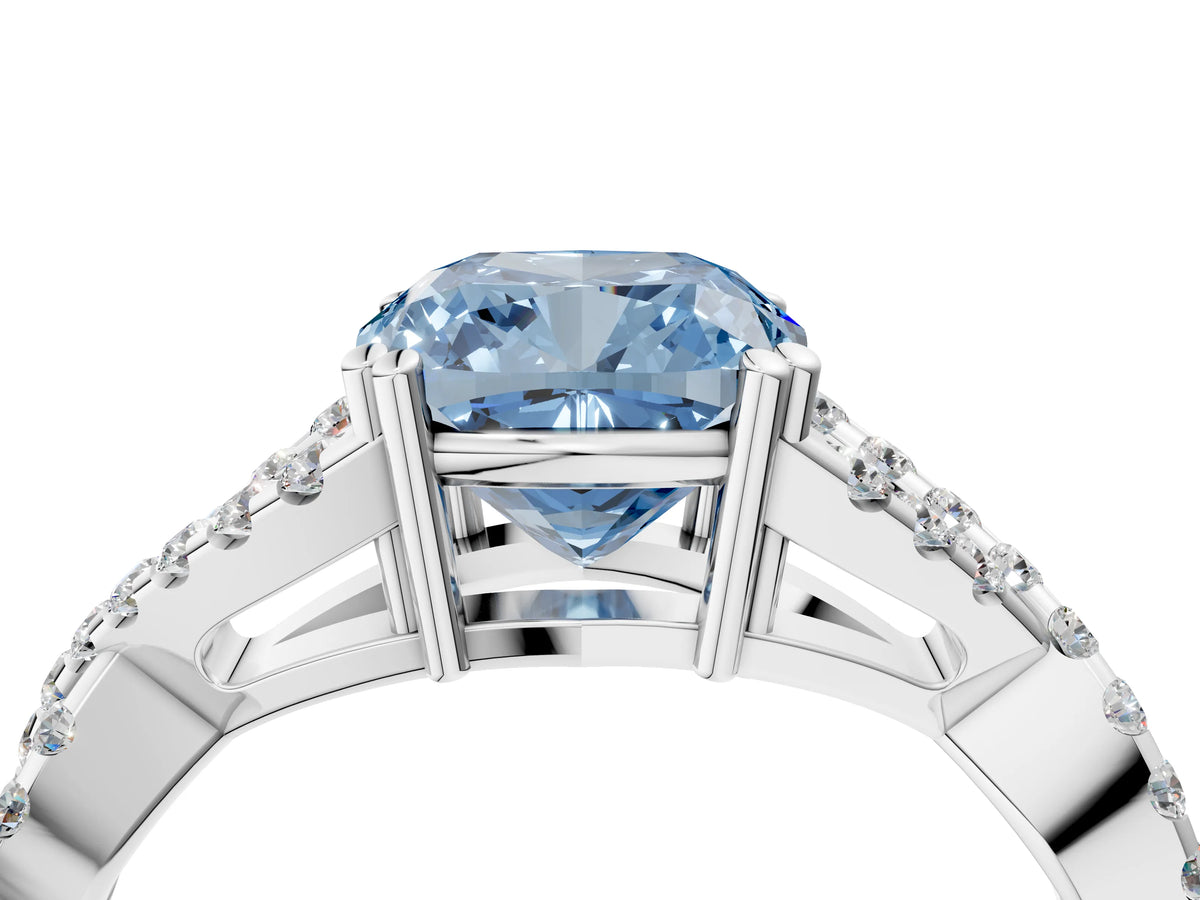 Fancy Blue Cushion Cut Diamond Solitaire Ring in Silver with Interwoven Pavé Band and Prong Setting_10