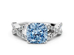 Fancy Blue Cushion Cut Diamond Solitaire Ring in Silver with Interwoven Pavé Band and Prong Setting_6