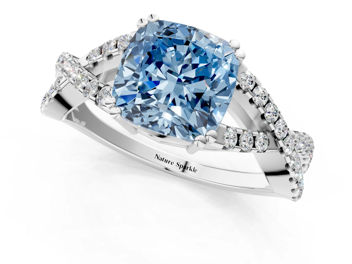 Fancy Blue Cushion Cut Diamond Solitaire Ring in Silver with Interwoven Pavé Band and Prong Setting_7