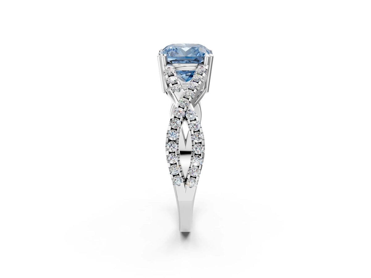 Fancy Blue Cushion Cut Diamond Solitaire Ring in Silver with Interwoven Pavé Band and Prong Setting_8
