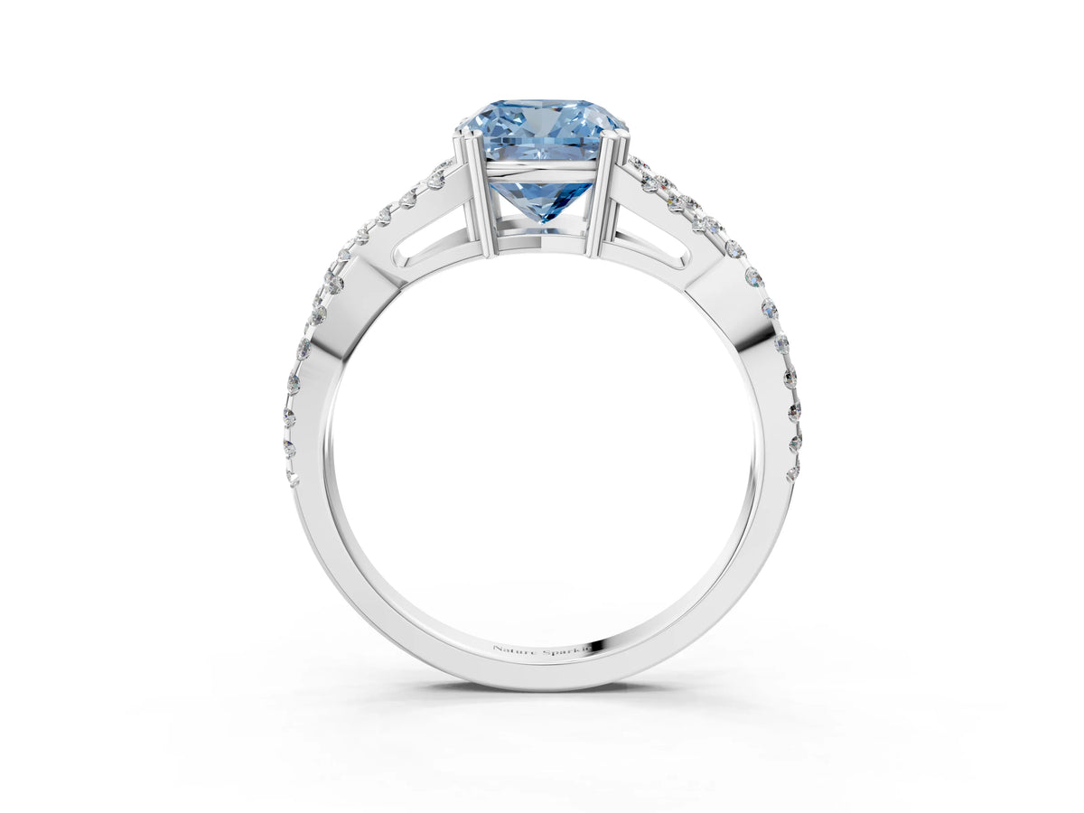 Fancy Blue Cushion Cut Diamond Solitaire Ring in Silver with Interwoven Pavé Band and Prong Setting_9