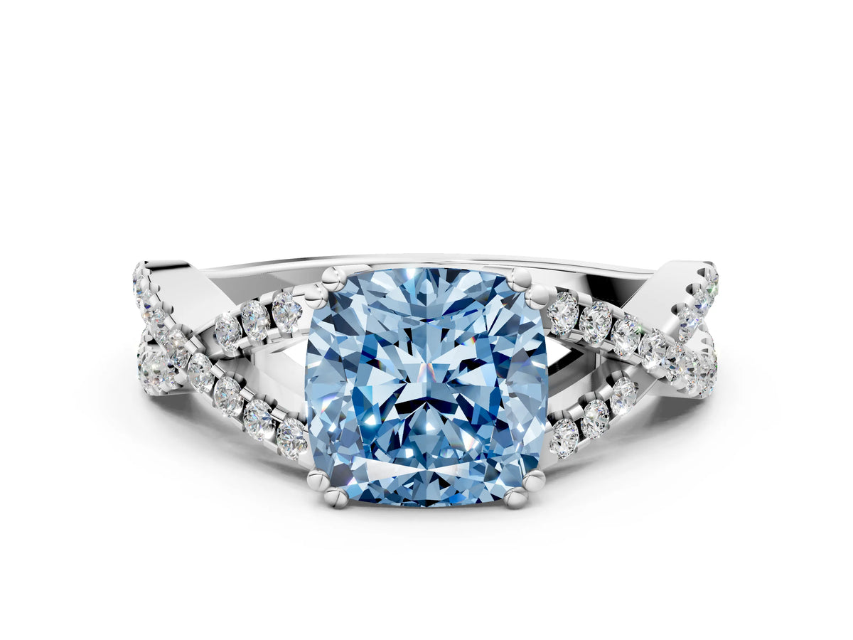 Fancy Blue Cushion Cut Diamond Solitaire Ring in White gold with Interwoven Pavé Band and Prong Setting