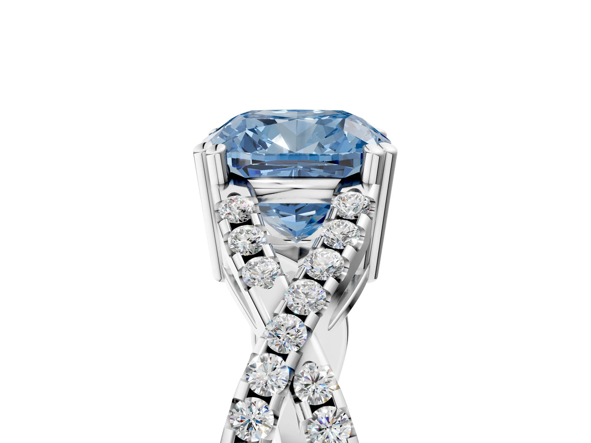 Fancy Blue Cushion Cut Diamond Solitaire Ring in White gold with Interwoven Pavé Band and Prong Setting_5