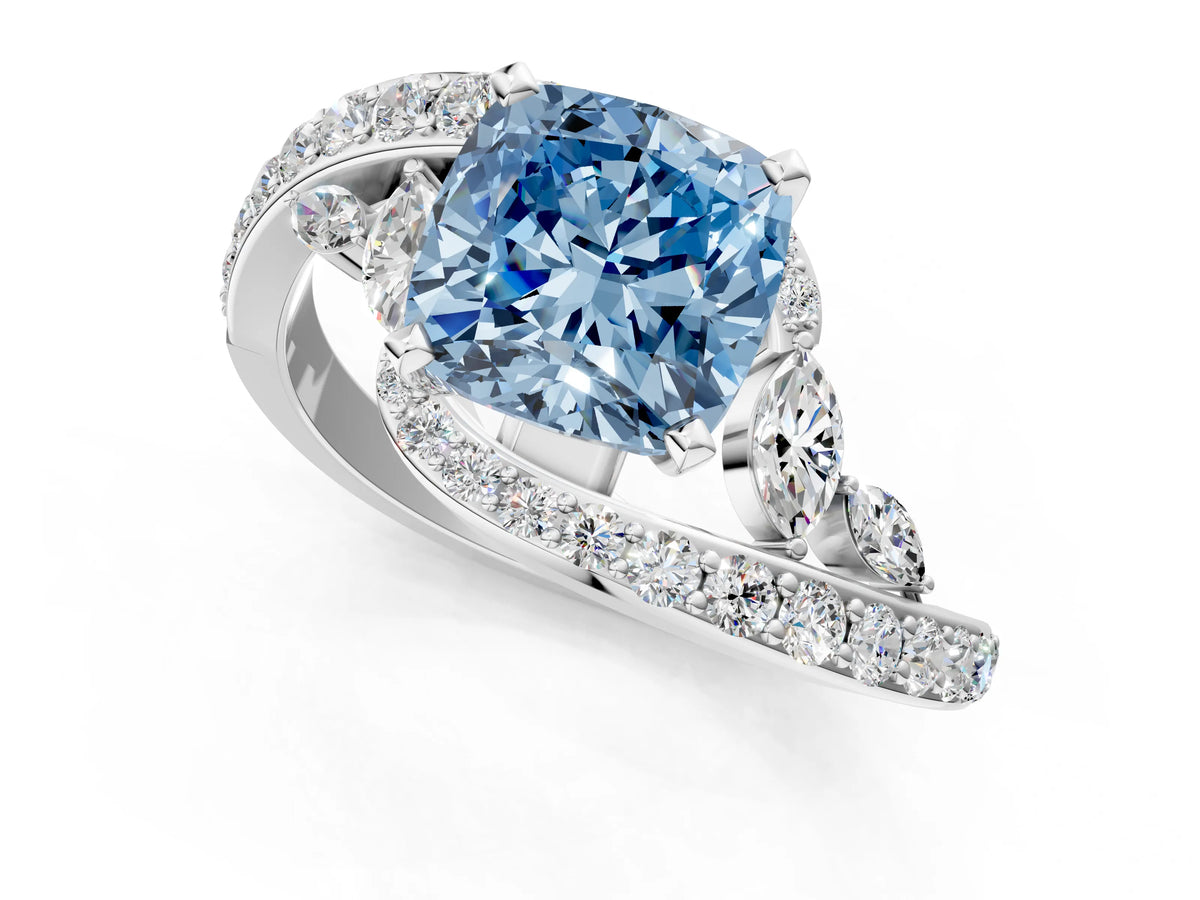 Fancy Blue Cushion Cut Diamond Solitaire Ring in White gold with Pavé Twist Band and Prong Setting_1