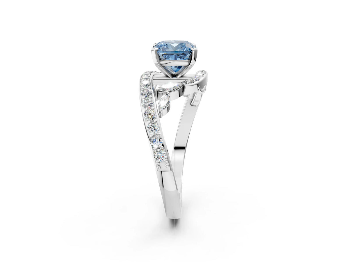 Fancy Blue Cushion Cut Diamond Solitaire Ring in White gold with Pavé Twist Band and Prong Setting_2