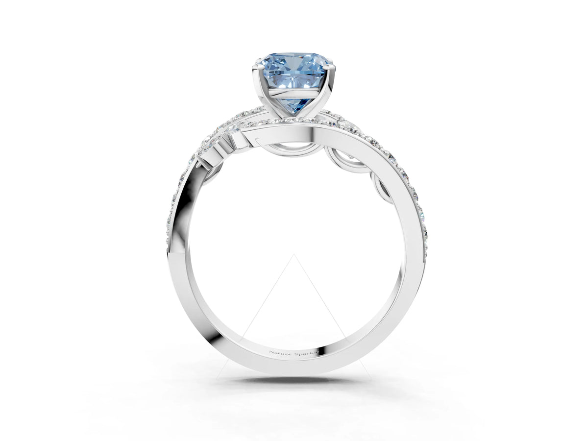Fancy Blue Cushion Cut Diamond Solitaire Ring in White gold with Pavé Twist Band and Prong Setting_3