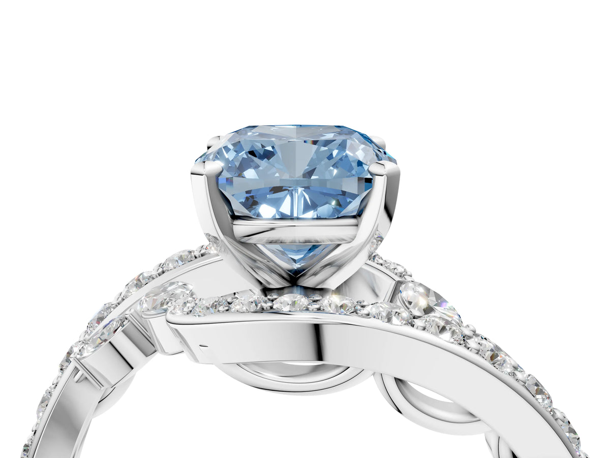 Fancy Blue Cushion Cut Diamond Solitaire Ring in White gold with Pavé Twist Band and Prong Setting_4