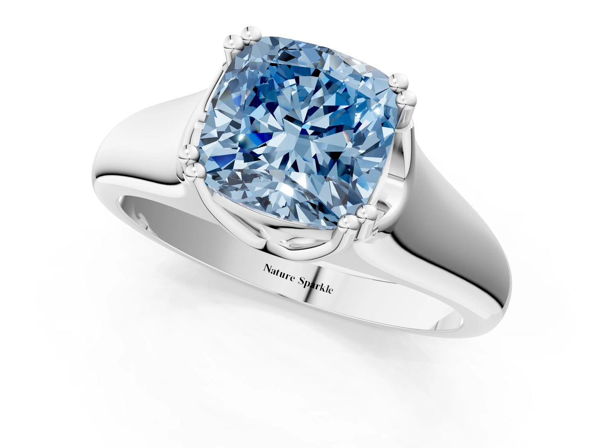 Fancy Blue Cushion Cut Diamond Solitaire Ring in White gold with Smooth Wide Band and Prong Setting_1