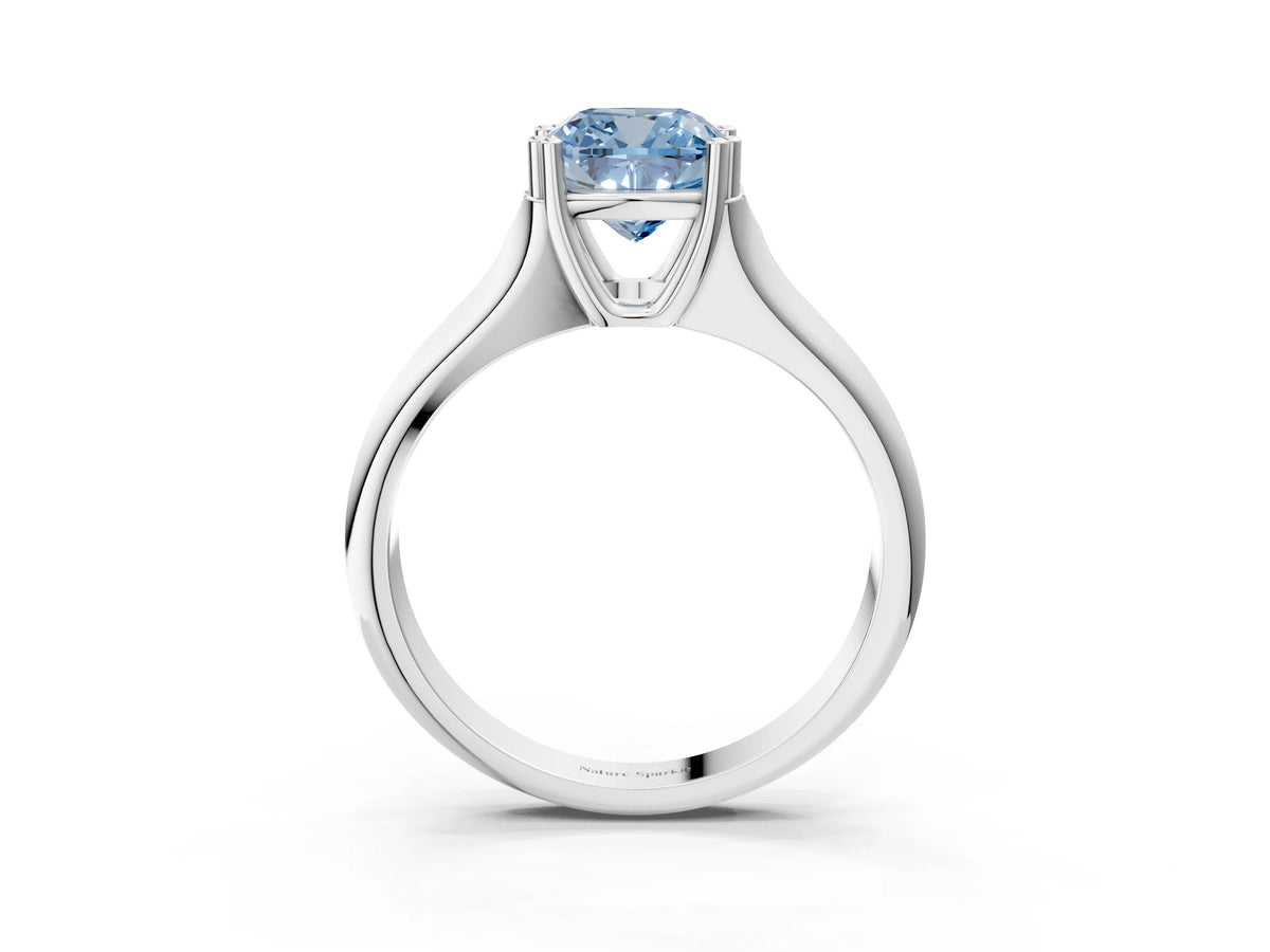 Fancy Blue Cushion Cut Diamond Solitaire Ring in White gold with Smooth Wide Band and Prong Setting_3