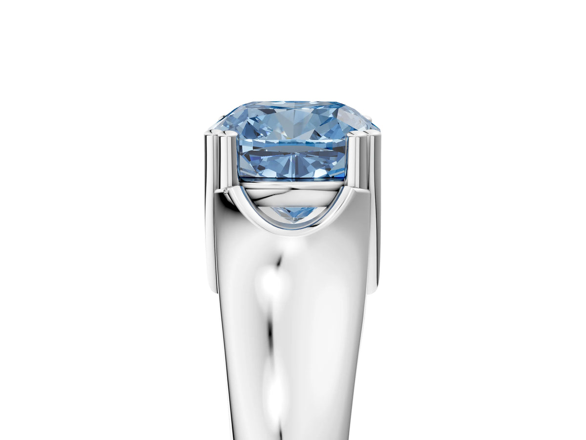 Fancy Blue Cushion Cut Diamond Solitaire Ring in White gold with Smooth Wide Band and Prong Setting_5