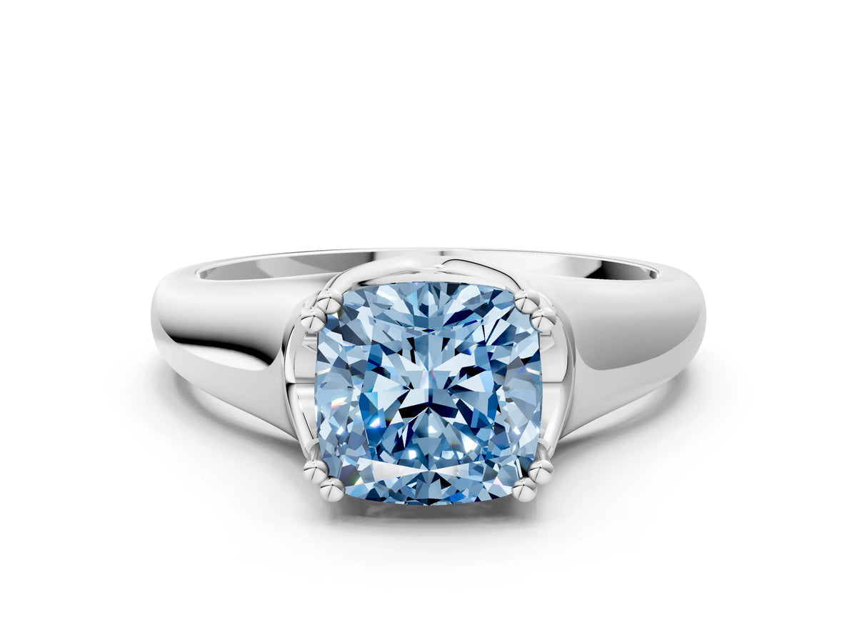 Fancy Blue Cushion Cut Diamond Solitaire Ring in White gold with Smooth Wide Band and Prong Setting